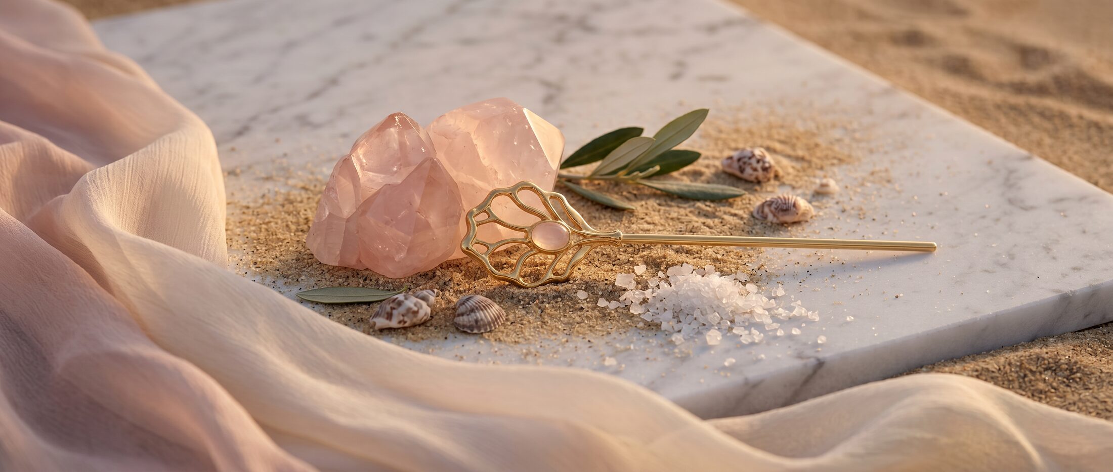 JIYA Aphrodite — mermer üzerinde rose quartz ile altın saç objesi